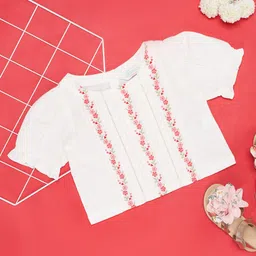 Akkriti by Pantaloons Cotton Flax Half Puffed Sleeves Floral Embroidered Top - White-image-57