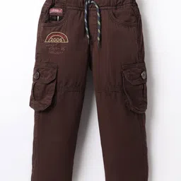 Olio Kids Cotton Woven Full Length Trousers With Cargo Pockets & Text Embroidery - Brown-picture-22