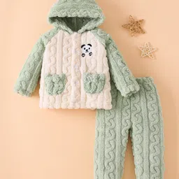 Mark & Mia Full Sleeves Winter Wear Hooded Night Suit With Panda Print & Cable Knit Design - Olive Green-picture-28