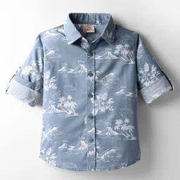 Rikidoos Cotton Woven Full Sleeves Volcano & Palm Trees Printed Shirt - Light Blue-image-54
