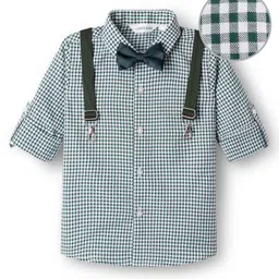 Mark & Mia Woven Full Sleeves Party Shirt Bow & Suspendor and Checks - Dark Green-picture-28