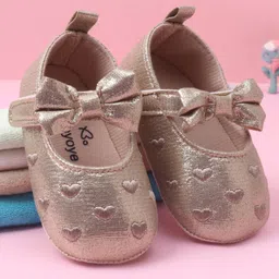 Babyoye Velcro Closure Booties with Heart Embroidery & Bow Applique - Golden-image-63