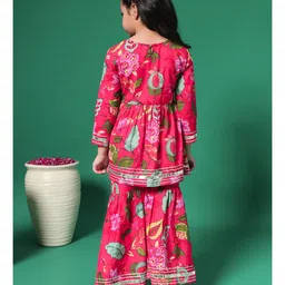 READIPRINT Three Fourth Sleeves Leaves Printed & Floral Embroidered Kurta With Lace Detailed Sharara Set - Red image 3