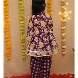 BownBee Pure Cotton Woven Three Fourth Sleeves Floral Printed & Gota Lace Embellished Dhoti Kurti Set - Purple image 3