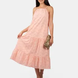 VIRGIO Peach Flared Fit Solid Dress-picture-34