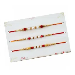 eCraftIndia Set of 3 Pearls Beads Rakhis for Brothers with Sibling Agreement & Roli Chawal Pack image 5