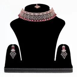 Saraf RS Jewellery Rose Gold Plated White & Red AD Studded Choker Jewellery Set with Earrings & tika image 5