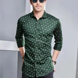 Almaty Green Cotton Slim Fit Printed Shirt-image-70