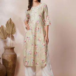 Fashor Mint Green Cotton Embroidered Straight Kurta image 5