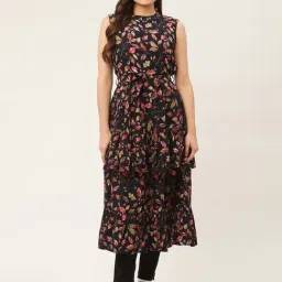 Jompers Navy Floral Print Flared Kurta-image-1