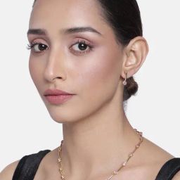 Estele Gold-Plated Garland Designed Necklace & Earring Set with Pink Austrian Crystals for Women-picture-47