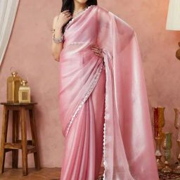 Satrani Pink Tissue Silk Solid Saree With Unstitched Blouse-picture-22