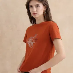 RAREISM Rust Cotton Printed Short Sleeves T-Shirt image 4