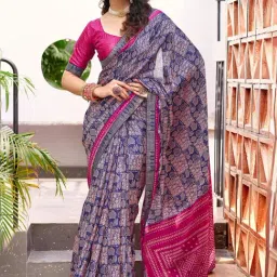 Satrani Blue & Pink Printed Saree With Unstitched Blouse-picture-32