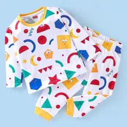 Babyhug Cotton Knit Full Sleeves Night Suit With Shapes Print - White-picture-12