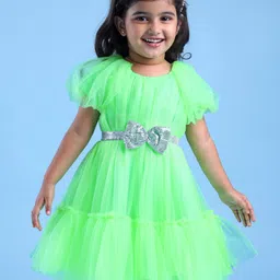 Babyhug Woven Cap Sleeves Party Wear Tiered Dress with Bow Applique - Neon Green-picture-24