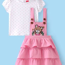 Babyhug Cotton Woven Half Sleeves T-Shirt With Layered Frock Polka Dots Print & Bear Embroidery- Pink-picture-10