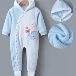 Kookie Kids Full Sleeves Footed Hooded Winter Wear Romper with Elephant Embroidery - Blue-picture-24