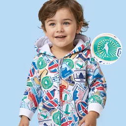 Babyhug Cotton Knit Full Sleeves Front Open Hooded Sweatjacket With Kangaroo Print - White-picture-13