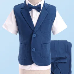 Babyhug Woven Full Sleeves Solid Colour 3 Piece Party Suit with Bow - Blue & White-picture-10