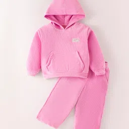 Little Kangaroos Fleece Knit Full Sleeves Winter Wear Suit with Patch Detailing & Kangaroo Pockets - Pink-picture-28