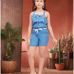 Aarika Denim Woven Sleeveless Luck Text Applique Detailed Dungaree - Blue-picture-14