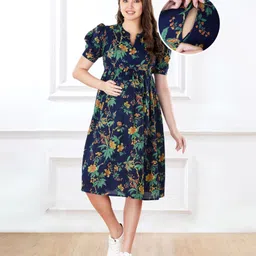 Bella Mama Woven Half Balloon Sleeves Maternity Dress with Floral Print - Navy Blue-image-56