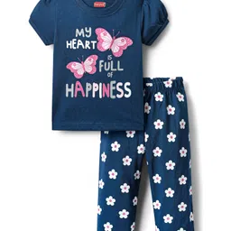 Babyhug Cotton Knit Half Sleeves Night Suit With Floral & Butterfly Print - Navy Blue-image-56
