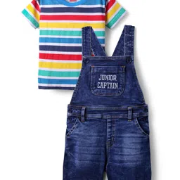 Babyhug Single Jersey Denim Dungaree & Half Sleeves Striped T-Shirt with Text Embroidery - Navy Blue-picture-23
