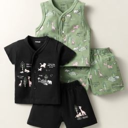 CUCUMBER Sinker Knit Half Sleeves Co-Ord Shorts Night Suit With Animal Print Pack of 2 - Black & Light Green-picture-0
