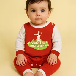 The Peppy Tend 100% Cotton Knit Full Sleeves Could I Be Any Cuter Text & Bunny Printed Romper - Red & White-picture-37