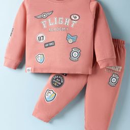 CUCUMBER Sinker Knit Full Sleeves T-Shirt & Joggers Set With Air Force Text Print - Coral-picture-23