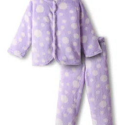 Babyhug Cotton Knit Full Sleeves Front Open Fur Co-ords Winter Night Suit with Polka Dot Print - Lavender-picture-10