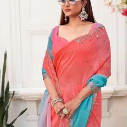 K 5 Fashion Embellished Beads And Stones Pure Chiffon Saree image 1