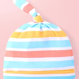 Babyhug 100% Cotton Interlock Knit Striped & Printed Caps with Knot Detailing - Pack of 2 - White & Blue image 2