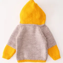 Woonie Full Sleeves Handknitted Hooded Color Blocked Sweater - Beige image 3