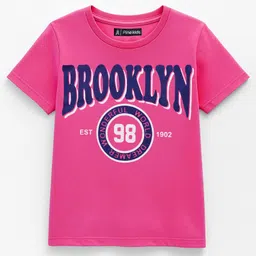 Pine Kids Cotton Knit Half Sleeves T-Shirts with Text Print Pack of 3 - Navy Blue Pink & Green image 2