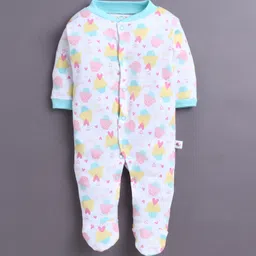 BUMZEE Cotton Knit Pack Of 3 Full Sleeves Hearts Printed & Striped Sleepsuits - Mint Green & White image 3
