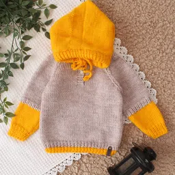 Woonie Full Sleeves Handknitted Hooded Color Blocked Sweater - Beige image 4