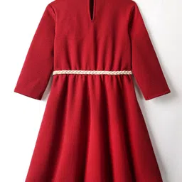 Hola Bonita Knit Full Sleeves Textured Solid Frock With Frill Detailing & Belt - Maroon image 3