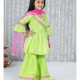 KID1 Cotton Woven Three Fourth Sleeves Foil Striped & Gota Lace Embellished Angrakha Kurti Sharara With Dupatta Set - Green image 4
