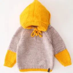 Woonie Full Sleeves Handknitted Hooded Color Blocked Sweater - Beige image 5