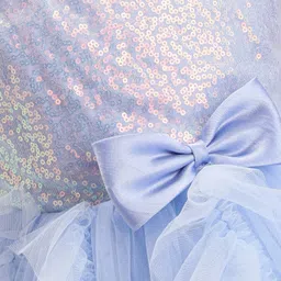 Babyhug Woven Sleeveless Sequined Fit & Flared  Party Frock with Bow Applique & Frill Detailing - Sky Blue image 4