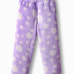 Babyhug Cotton Knit Full Sleeves Front Open Fur Co-ords Winter Night Suit with Polka Dot Print - Lavender image 4