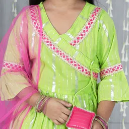 KID1 Cotton Woven Three Fourth Sleeves Foil Striped & Gota Lace Embellished Angrakha Kurti Sharara With Dupatta Set - Green image 5