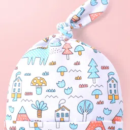 Babyhug 100% Cotton Interlock Knit Striped & Printed Caps with Knot Detailing - Pack of 2 - White & Blue image 5