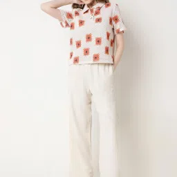 Vero Moda Beige & Orange Cotton Self Design Polo T-Shirt image 5