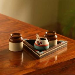 ExclusiveLane 'Desert Owl-Jar Pack' Handglazed Salt & Pepper Shaker Set With Toothpick Holder & Tray-picture-3