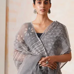 Jaypore Grey Kota Floral Hand Block Printed Saree image 5