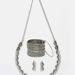 Zeneme Silver Plated Black Toned CZ Studded Jewellery Set image 5